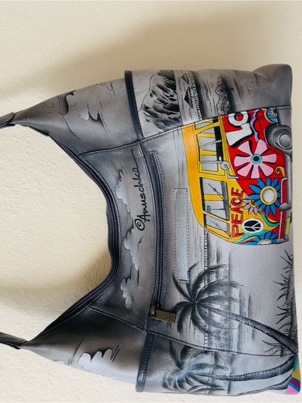 Anuschka Gray Leather Shoulder Bag with Colorful Peace Van Motif